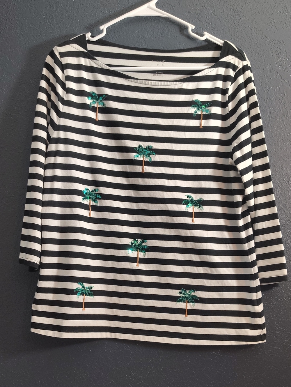Striped Black & White Long Sleeve Coastal Grandma Tee with Green Palm Embroidery